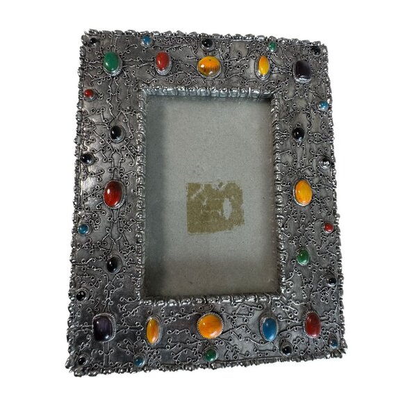 Vintage Ornate Silver Jeweled Picture Frame Multicolor cabochon stones southwest - Picture 4 of 4